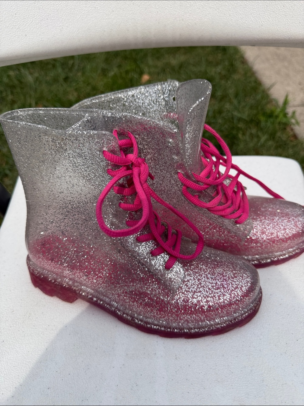 wonder nation Silver Glitter Lace-Up Rain Boots with Hot Pink Laces